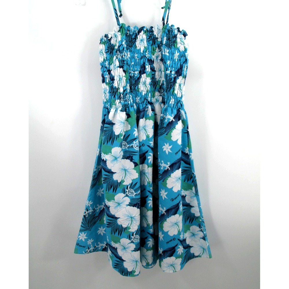 Naupaka Hawaii Women Blue Floral Turtle Tropical Smocked Midi Sundress Med